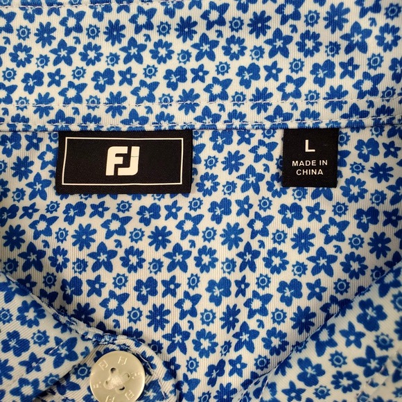 FJ FootJoy Allover Floral Lisle Polo shirt Large Marine White PGA Golf Club - Picture 7 of 12
